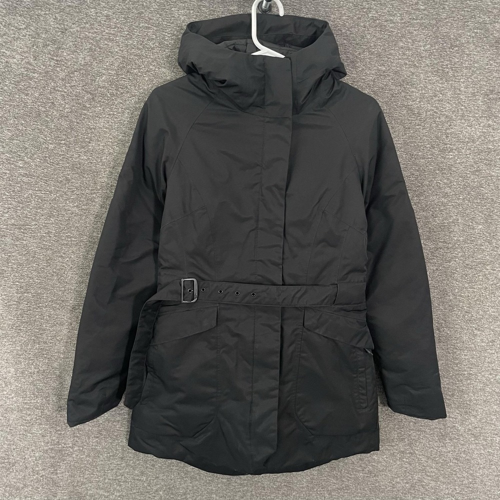 The North Face Down Parka Coat Womens XS Black 550 Fill Belted Hooded Warm